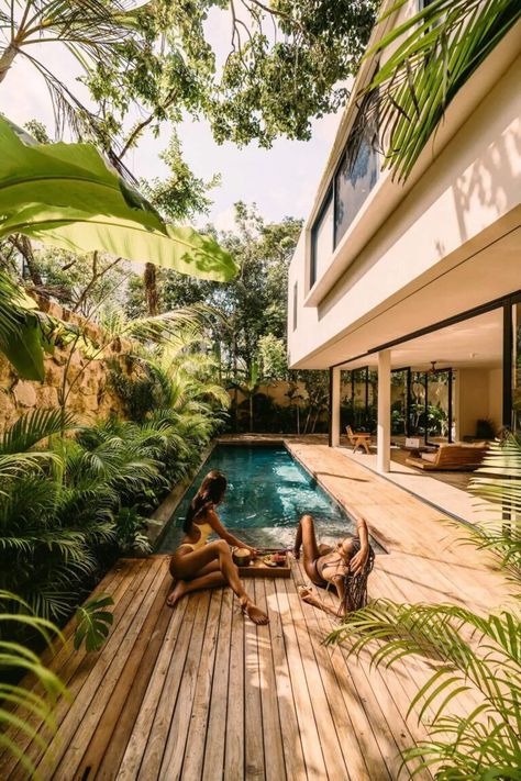 Casa Areca | A Luxurious Eco-Friendly Airbnb Villa in Tulum 2 Luxurious Villa, Wooden Terrace, Old Cottage, Casa Exterior, Tropical House, Villa Design, Gated Community, Sandy Beaches, Concierge Service