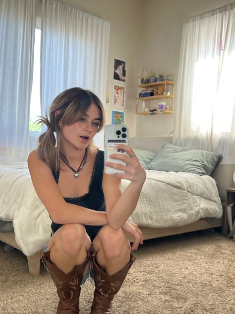 cowboy boot summer 2023 outfit inspo cute hairstyles two buns In Front Of Mirror Pose, Hairstyles Two Buns, Sitting In Front Of Mirror, In Front Of Mirror, Two Buns, Selfie Inspo, Insta Stories, Cowboy Boot, Summer 2023