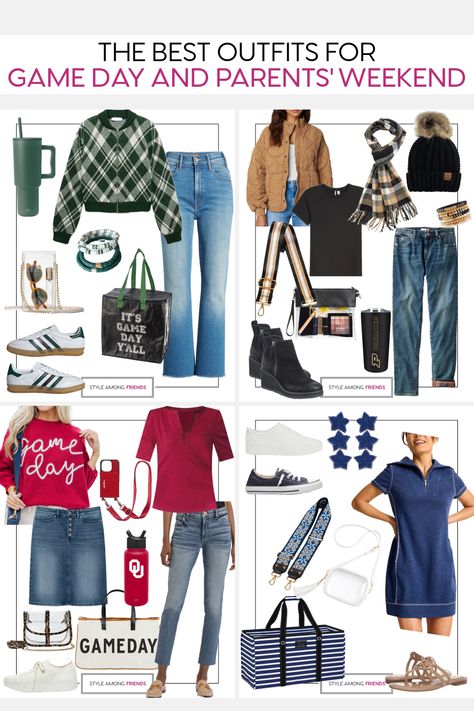 Excited to hit the road and visit your college student? Trying to decide what outfit to sport while exploring campus or attending a football game? We’re here to help! Take a look at our latest blog post featuring 8 stylish color combinations perfect for game day outfits. All approved by over 50 moms! Dads, we’ve got options for you too! Cheers to the team! #gameday #parentsweekend #collegefootball #fashionover50 College Parents Weekend Outfit, Casual Outfits For Women In Their 40s, College Parents Weekend, Mom Game Day Outfit, College Tailgate Outfit, Summer Workout Outfits, Parents Weekend, Games For Moms, Tommy Bahama Dress