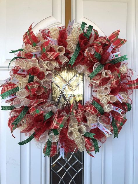 Amazon.com: Handmade Red and Gold Deco Mesh Holiday Wreath with Ribbon - 20in : Handmade Products Red Deco Mesh Wreath, White And Red Mesh Christmas Wreath, Red And Gold Christmas Wreath Deco Mesh, Red White And Green Mesh Christmas Wreath, Holiday Mesh Wreaths, Green Red Deco Mesh Christmas Wreath, Gold Holiday, Deco Mesh Christmas Wreaths, Ribbon Wreath