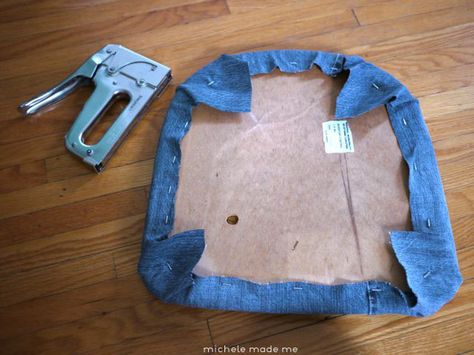 Stapling denim onto chair cushion Michele Made Me Denim Chair Upholstery, Yellowstone House, Denim Chair, Freezer Paper Stenciling, Bird Template, Bird Stencil, Sewing Jeans, Light Gray Paint, Freezer Paper