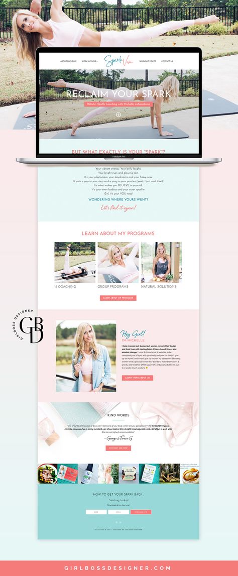 Wordpress website design in turquoise and coral for holistic health and fitness coach - Spark Viva - by Girlboss Designer. #websitedesign #womenentrepreneurs #femaleentrepreneurs #girlboss #fitnessbranding #healthcoachbranding #coachingwebsitedesign Health Coach Branding, Feminine Website Design, Fitness Branding, Feminine Website, Designer Website, Coach Website, Holistic Health Coach, Coral Design, Wordpress Design