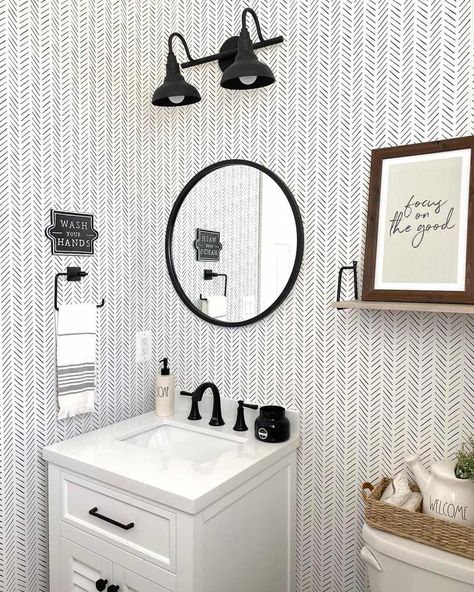 30 Small Farmhouse Bathroom Décor Ideas for a Gorgeous Home Farmhouse Half Bathroom Ideas, Half Bath With Wallpaper, Modern Half Bathroom Ideas, Rustic Half Bath, Black Chevron Wallpaper, Modern Half Bathroom, Wallpaper Half Bath, Small Rustic Bathroom Ideas, Small Rustic Bathroom