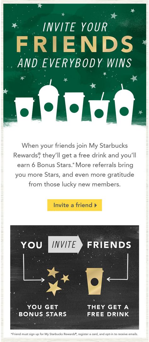 starbucks refer a friend rewards email. subject line: Refer more friends, earn more Stars Loyalty Marketing, Friend Referral, Email Layout, Email Marketing Inspiration, Starbucks Rewards, Referral Marketing, More Friends, Email Template Design, Refer A Friend