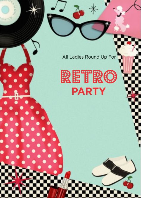 Create Free Retro Party E-INVITE Invitation Card Online for Kitty Party, Premium and Digital Cards Online - VenueLook Retro Theme Party, Kitty Party Themes, Bollywood Theme Party, Grease Party, 50s Theme Parties, Sock Hop Party, Rockabilly Party, Retro Invitation, E Invitation