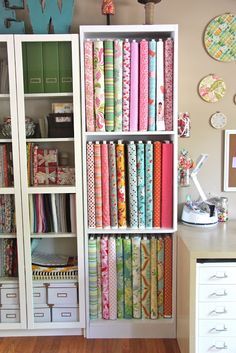 Quilt Room Organization, Sewing Studios, Quilt Sewing Room, Smashed Peas, Studio Storage, Quilt Room, Sewing Room Inspiration, Tall Shelves, Peas And Carrots