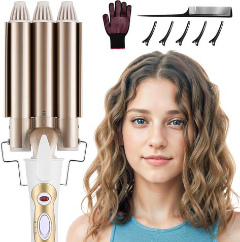 DazSpirit 3 Barrel Hair Wavers for Long/Short Hair, 22mm Hair Curler Mermaid Hair Waver with 2 Temperature Control, Waver Curling Wand for Hair Styling Appliances Waver Curling Iron, Long Short Hair, Wand Hairstyles, Hair Waver, How To Curl Short Hair, Long To Short Hair, Hair Supplies, Curling Wand, Low Maintenance Hair