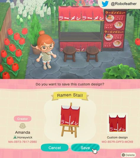 178 Likes, 2 Comments - Animal Crossing Decorators (@acnhdecorations) on Instagram: “Ramen Stall Design For An Outdoor Restaurant! #animalcrossing #animalcrossingmemes #acnh…” Acnh Ramen Stall, Ramen Stall Design, Animal Crossing Food Stalls, Animal Crossing Stall Design, Animal Crossing Stall, Ramen Stall, Food Stall Design, Motif Acnl, Stall Design