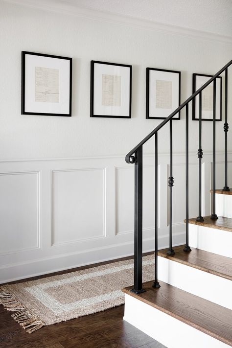 5 Different Types of Wainscoting Styles + What is the Proper Height? — Amanda Katherine Lambriseringen Gang, Modern Wainscoting Ideas, Iron Stairs, Farmhouse Stairs, Stairs Railing, Wainscoting Styles, Iron Stair Railing, Railing Ideas, Hallway Designs