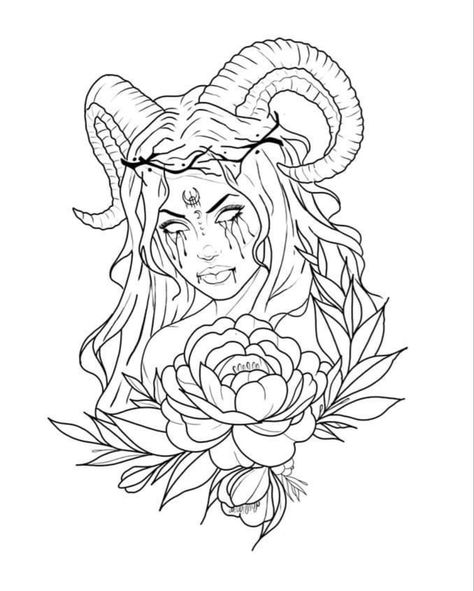 Capricorn Goddess Tattoos For Women, Aries Art Drawing, Aries Inspired Tattoo, Dark Goddess Tattoo, Lilith Tattoo Design, Lilith Drawing, Outline Drawing Tattoo, Aries Drawing, Lilith Tattoo Art