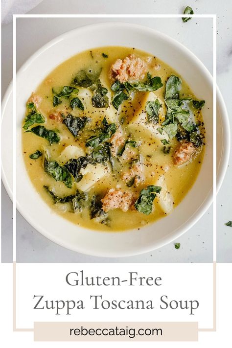 Gluten-Free Zuppa Toscana Soup, filled with chunks of white sweet potatoes, spicy sausage, and kale. This hearty soup is perfect during the cooler months, not only is it gluten-free but dairy-free as well! #glutenfree #dairyfree #paleo #soup #glutenfreesoup #glutenfreerecipes #zuppa Dairy Free Potato Soup, Zuppa Toscana Soup Olive Garden, Sausage Kale, Zuppa Toscana Soup, Toscana Soup, Photo Food, Free Lifestyle, Spicy Sausage, Potato Soup Recipe