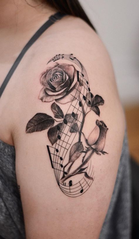 Music Rose Tattoo, Sheet Music Tattoo, Notes Tattoo, Piano Tattoo, Guitar Tattoo Design, Music Notes Tattoo, Rose Drawing Tattoo, Rose Tattoos For Women, Music Tattoo Designs