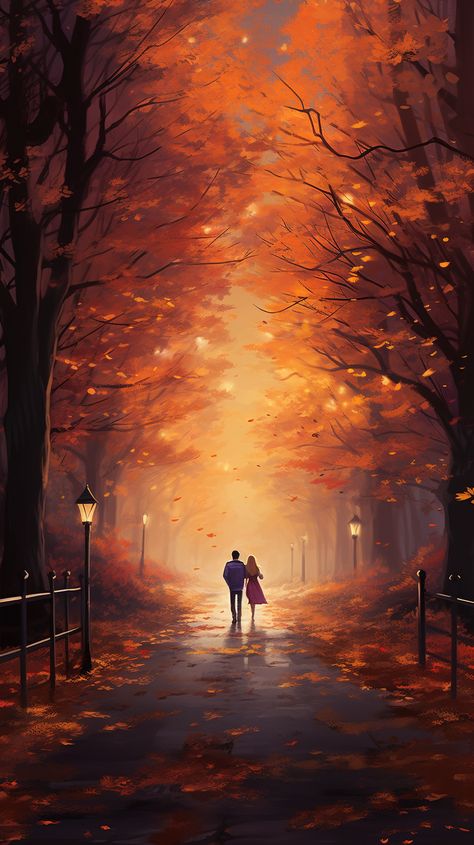 autumn romance painting, fall love artwork, midnight stroll in the park, romantic autumn scene, couple in love art, autumn date night art, cozy fall evening illustration, lovebirds in the park, romantic moonlit wall art, autumn romance wall decor, couples night out painting, seasonal love artistry, romantic couple portrait, autumn love story scene, midnight park rendezvous, cozy couple art print, autumnal park bench art, love in the moonlight, autumn leaves romance, fall date night art Yves Montand, Tiger Artwork, Forest Background, City Background, Autumn Park, Night Scenery, Moon Photography, Fantasy Paintings, Autumn Scenery