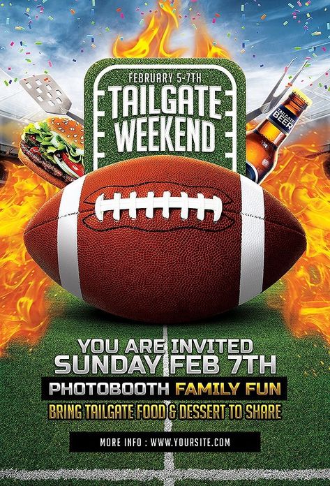 Super Bowl Party Flyer Templates - tailgate party flyer psd template smashingflyers tailgate party Check more at http://onlinedegreebrowse.com/super-bowl-party-flyer-templates/ Tailgating Birthday Party, Superbowl Poster, Football Party Invitations, Football Watch Party, Football Tailgate, Party Flyer Template, Football Party, Tailgate Party, Watch Party