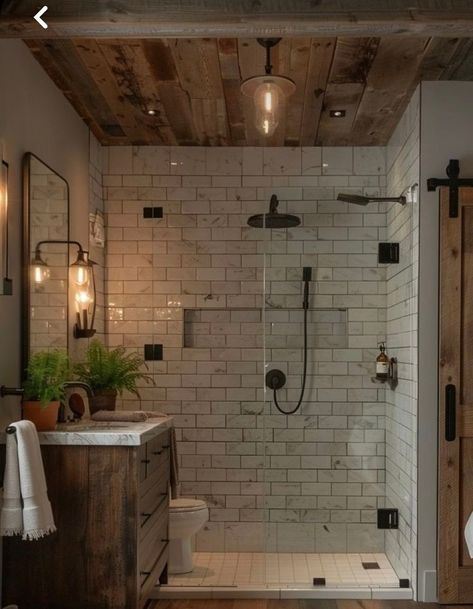 Apr 19, 2024 - This Pin was discovered by Connie Beauchamp. Discover (and save!) your own Pins on Pinterest Doorless Walk In Shower Ideas, Walk In Shower Ideas, Doorless Shower, Barn Style House Plans, Rustic Bathrooms, Bathroom Remodel Shower, Barn Style House, Bathroom Renos, Rustic Bathroom