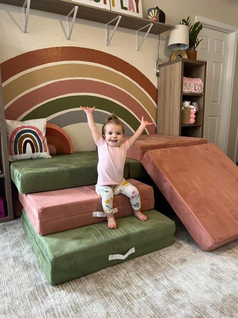 Nugget Stairs, 2nugget Couch Ideas, Nugget Couch Ideas One Year Old, 2 Nugget Slide, 2 Nugget Couch Builds Slide, Double Nugget Configurations, Nugget Playroom Ideas, Playroom With Nugget, Nugget Couch Playroom