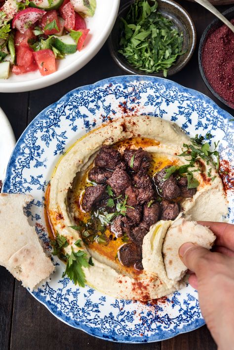 Hummus with Sumac-Spiced Spring Lamb - WILD GREENS & SARDINES Sumac Lamb, Arabisk Mad, Marinated Lamb, Spiced Chickpeas, Doner Kebab, Tomato Cucumber, Carb Free, Eastern Cuisine, Lebanese Recipes