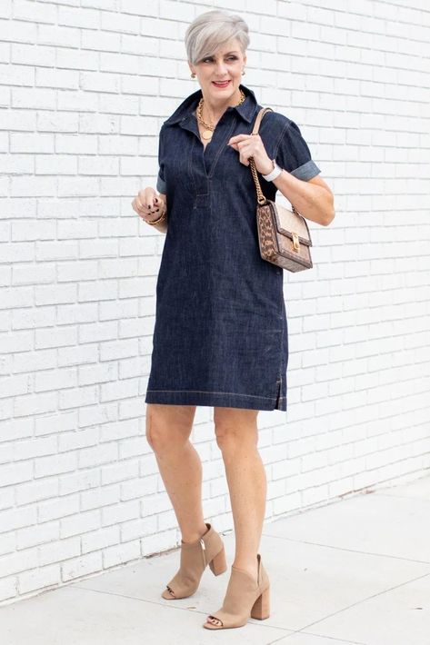 Denim Shirt Dress Outfit, Jeans Dress Outfit, Denim Dress Fall, Denim Dress Outfit, Vince Camuto Booties, Style At A Certain Age, Cotton Shift Dress, Julie Vos, 70s Outfits