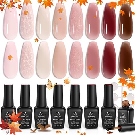 PRICES MAY VARY. 8 Colors Gel Polish：We put together the top 8 trendiest colors of Autumn! This "Sunset Rose" collection come with 8 jelly nude, red brown, sheer, glitter pink, milky pink colors, which is mysterious, romantic and graceful. Gorgeous Colors：Beautiful colors can make you attract attention on any occasion. Brilliant gifts for a family member, nail art starter or friend for birthdays. This is a fantastic, beautiful, unique gift that will be loved by all who receive it. Easy Applicati Nude Brown Nails, Brown Nails Fall, Jelly Gel Nail Polish, Gel Polish Nails, Fall Sunset, Milky Pink, Sunset Rose, Gel Polish Nail Art, Polish Nails