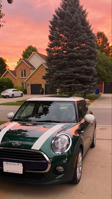 Mini Cooper With Stripes, Mini Copper Wallpaper, Green Mini Cooper Aesthetic, Mini Copper Aesthetics, Mini Cooper Green, Mini Cooper Aesthetic, Green Mini Cooper, White Mini Cooper, Old Mini Cooper