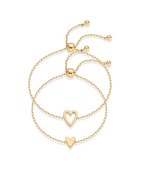 PRICES MAY VARY. Celebrate love and friendship with our besties bracelets set! Each set includes two stylish 9" bracelets, one featuring a dainty 8mm x 6.8mm small heart and the other boasting a charming 11.8mm x 10mm open heart. Perfect for Valentine's Day, anniversaries, or just to show appreciation, these adjustable slider bracelets are ideal for both women and men. Our bracelet is crafted with 14k yellow gold plating that adds a long-lasting finish. And guess what? It's 100% nickel-free, cad Solitaire Bracelet, Bff Jewelry, Bff Bracelets, Bracelet Pack, Matching Jewelry, Small Heart, Heart Bracelet, Adjustable Bracelet, Set For Women