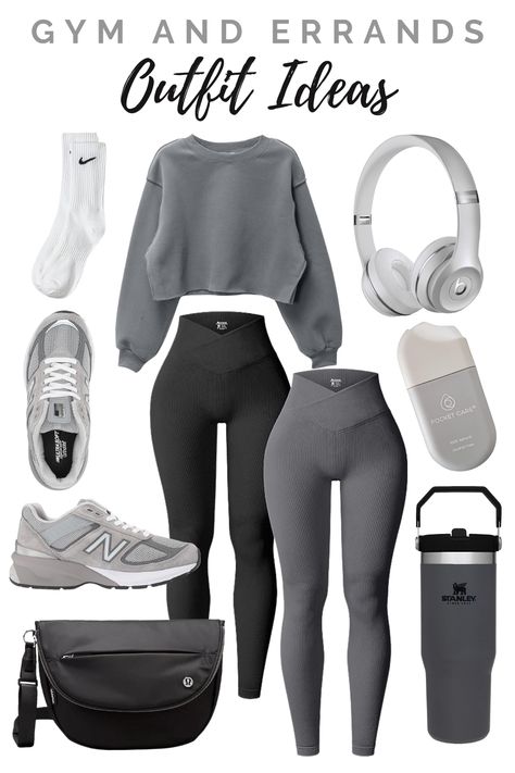 Grey Sweatshirt And Leggings Outfit, Gray Workout Outfit, Gray Legging Outfit, New Balance Gym Outfit, Outfits With Gray Leggings, How To Style Grey Leggings, Leggings And Nike Socks Outfit, Outfits With Grey Leggings, How To Style Leggings