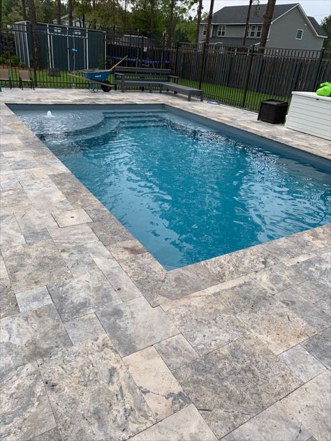 Small Fiberglass Pools, Small Pools Backyard, Backyard Upgrades, Beach Entry Pool, Dream Backyard Pool, Travertine Pavers, Fiberglass Pool, Pools Backyard Inground, Small Pool Design