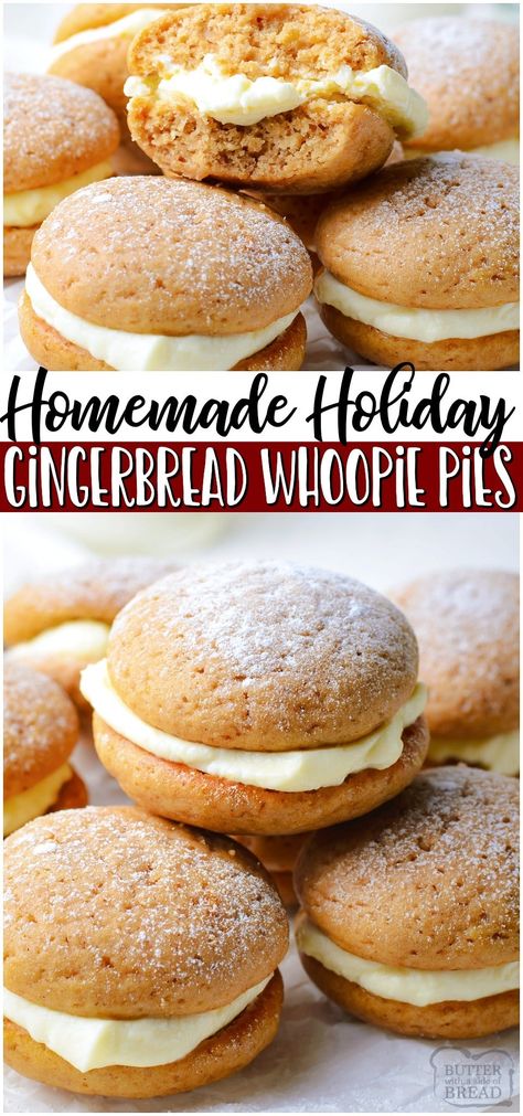 Gingerbread whoopie pies are soft, spiced gingerbread cookies with a lovely cream cheese filling. Perfect gingerbread treat for the holidays! #gingerbread #whoopiepie #dessert #holiday #baking #easyrecipe Gingerbread Whoopie Pies, Whoopee Pie, Dessert Holiday, Whoopie Pie Recipe, Xmas Baking, Frosting Recipes Easy, Whoopie Pie, Holiday Sweets, Cheese Cookies