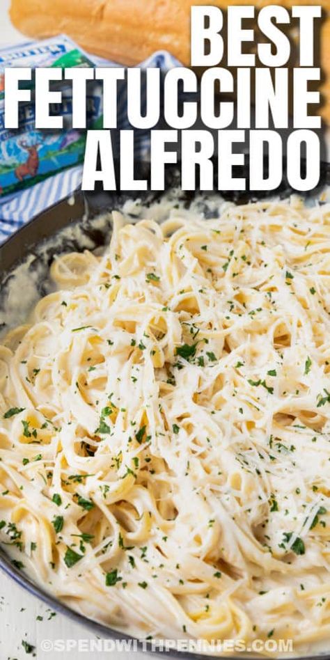 This tasty fettuccine alfredo recipe is sure to end up at the front of the recipe box! Easy ingredients, easy to make, and it can be made in the Instant Pot, too! #spendwithpennies #spendwithpennies #fettuccinealfredo #entree #recipe #olivegarden #receta #sauce #easy #cream #best #cheese #pasta #stovetop #instantpot Egg Fettuccine Pasta Recipes, Fettuccine Alfredo Sauce, Homemade Chicken Alfredo, Fettuccine Alfredo Recipe, Creamy Garlic Pasta, Fettuccine Noodles, Pasta Recipes Alfredo, Creamy Parmesan Sauce, Favorite Pasta Recipes