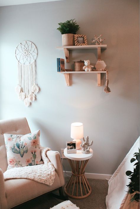 Cactus Boho Nursery, Boho Girl Nursery, Salt Paint, Sea Salt Paint, Sherwin Williams Sea Salt, Rattan Accents, Boho Nursery Girl, Sea Salt Sherwin Williams, Girl Nursery Decor