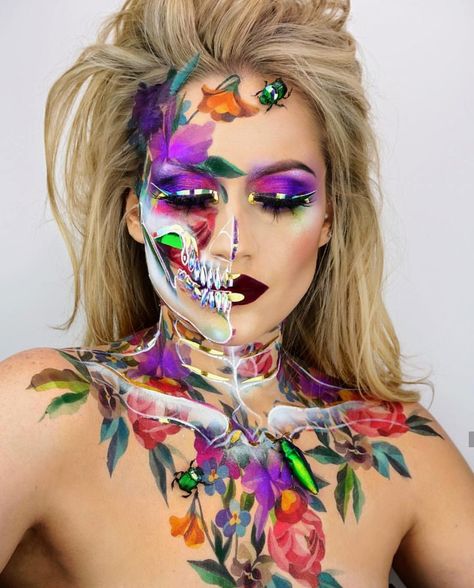 Flowers Costume Makeup Flores Disfraz maquillaje Vanessa Davis, Fantasy Make-up, Halloweenský Makeup, Halloween Make-up Looks, Make Up Designs, Amazing Halloween Makeup, Sugar Skull Makeup, Theatrical Makeup, Braut Make-up