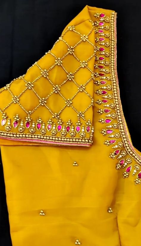 Yellow Aari Blouse Design, Arri Work Blouse Designs Latest, Aari Work Net Blouse, Yellow Blouse Aari Work Designs, Yellow Aari Work Blouse, Aari Work Blouse Simple Design For Hand, Yellow Blouse Designs Latest, Yellow Maggam Work Blouses, Yellow Blouse Maggam Work