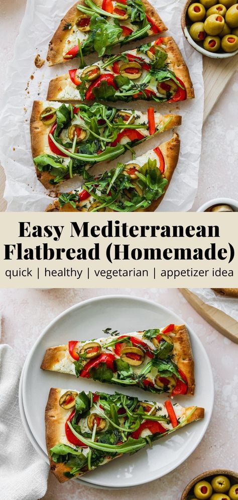 This mediterranean flatbread recipe is topped with veggies like peppers, arugula, and olives, along with goat cheese, honey, and thyme. It’s quick, easy, and delicious – perfect for a party appetizer or a homemade pizza night! Homemade Pizza Night, Walder Wellness, Goat Cheese Honey, Mediterranean Flatbread, Homemade Flatbread, Flatbread Recipe, Healthy Appetizer Recipes, Flatbread Recipes, Vegetarian Appetizers