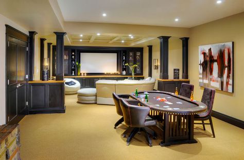 Dice Cube Furnishings And Game Rooms For A Fun-Filled Home Bar Deco, Dream Basement, Media Room Design, Game Room Basement, Poker Room, Home Theater Rooms, Home Theater Design, Projector Screen, Game Room Design