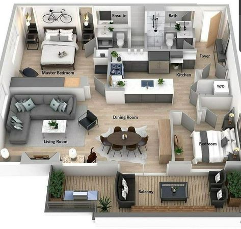 Sims Houses, 3d Floor Plan, 3d House Plans, Sims Builds, Small House Layout, Architectural Rendering, House Floor Design, Sims 4 House Design, Small Apartment Design