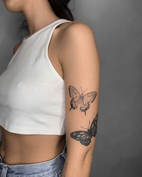 Arm Tattoo Outfit, Butterfly Tattoo Bicep For Women, Original Tattoos Unique Women, Butterfly Tattoo Elbow Bend, Upper Thigh Butterfly Tattoo, Sticker Arm Tattoos For Women, Butterfly On Arm Tattoo, Upper Bicep Tattoo, Long Back Tattoo