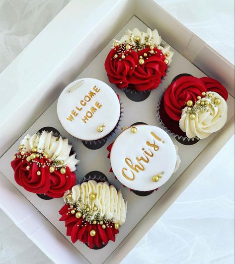 Red And White Cupcake Design, Red And White Cupcakes Birthday, Welcome Home Cupcakes Ideas, Red Black And White Cupcakes, Cap Cake Design, Red And Gold Cupcakes, Red And Black Cupcakes, Red And White Cupcakes, Valentines Cakes