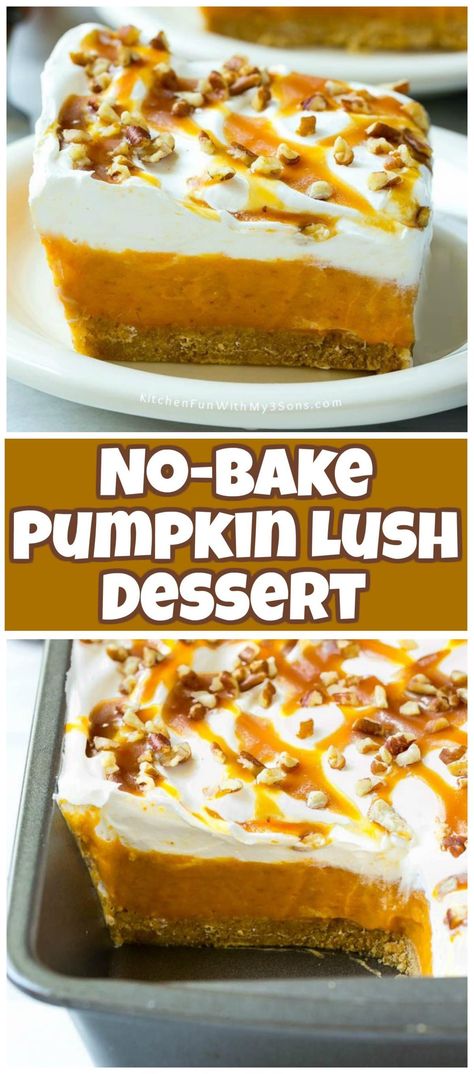 This easy No-Bake Pumpkin Lush Dessert is layers of graham cracker crust, pumpkin pudding and whipped topping, all topped with caramel and pecans. The ultimate fall dessert! Pumpkin Lush Dessert, Pumpkin Lush, Thanksgiving Desserts Pumpkin, Lush Dessert, Bake Pumpkin, No Bake Pumpkin Cheesecake, Pumpkin Pudding, Pumpkin Recipes Dessert, Fall Dessert Recipes