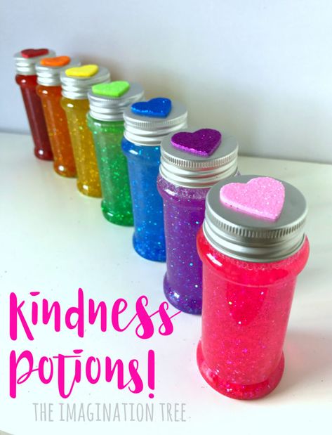 Make some rainbow coloured Kindness Potions Sensory Bottles to learn about what makes a kind and caring heart, after reading The Story of the Kindness Elves book! This is such a fun way to learn a little science, PHSE, literacy and a sprinkling of awe and wonder. The kindness potions sensory bottles make a wonderful...Read More » Manners Sensory Bin, We Care Center Conscious Discipline, Kindness Potions, Eyfs Potions, Sel Books, Colour Exploration, Friendship Week, Kindness Elf, Preschool Friendship