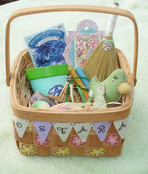 This Spring basket is great for any child during the Ostara Sabbat! Includes: Basket with Ostara Banner Mini besom (2) Chime Candles Packet of Seeds 5 Double Bloom Purple Angel Trumpet Seeds Tag 4 Hand painted terra cotta flower pot Stuffed bird (1) Gemstone Golden star ornament (2) Eggs Handmade Brigids cross Hand bell 16 Gemstone and pentagram necklace Handmade pin Bronze pentagram gemstone charm *Convo me for international shipping Pagan Easter, Brigids Cross, Chime Candles, Pagan Holidays, Purple Angel, Wiccan Crafts, Spring Basket, Angel Trumpet, Pentagram Necklace