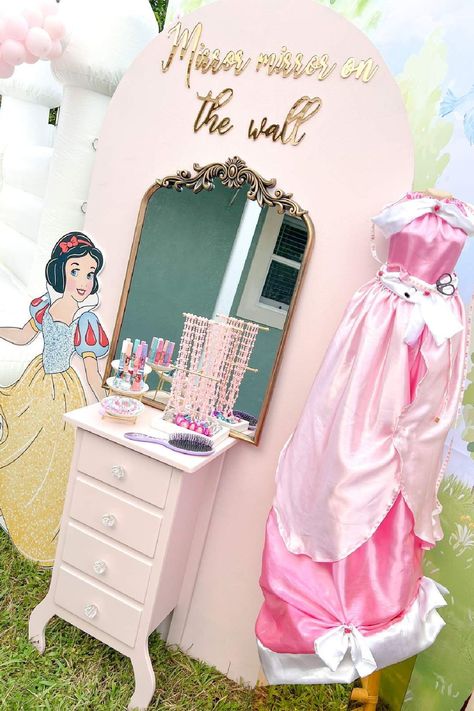 Feast your eyes on this magical princess-themed birthday party! The decor is fabulous! See more party ideas and share yours at CatchMyParty.com Princess Theme Birthday Activities, Princess Party Dress Up, Princess Ball Themed Birthday Party, Magical Party Ideas, Elegant Disney Princess Birthday Party, Fancy Princess Party, Pink Princess Party Decorations, 5th Birthday Princess Theme, Princess Fairytale Birthday Party