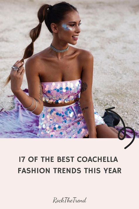 Woman in glittery strapless top and matching skirt sitting on a blanket at Coachella. Text reads: "17 of the Best Coachella Fashion Trends This Year." Coachella Outfit Ideas Women, Cute Coachella Outfits, Festival Themed Party Outfit, Coachella Theme Party Outfits, Concert Outfits Casual, Boho Coachella Outfits, Coachella Fashion Outfits, Summer Concert Outfit Ideas, Cute Festival Outfits