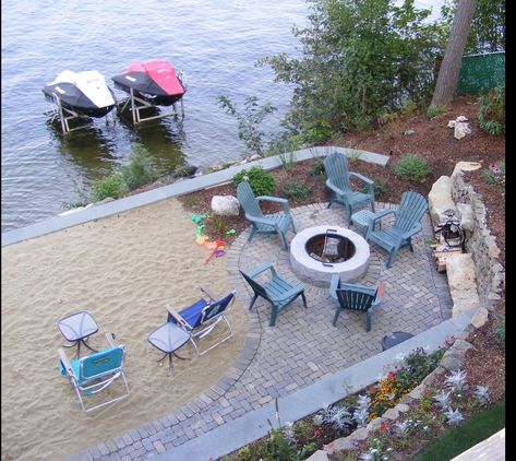 Lakefront Property Landscaping, Lakefront Backyard Ideas, Patio By Lake, Lake Property Landscaping, Outdoor Lake Patio Ideas, Waterfront Backyard Ideas, Lake Outdoor Ideas, Boat Dock Decorating Ideas Lakes, River Property Ideas