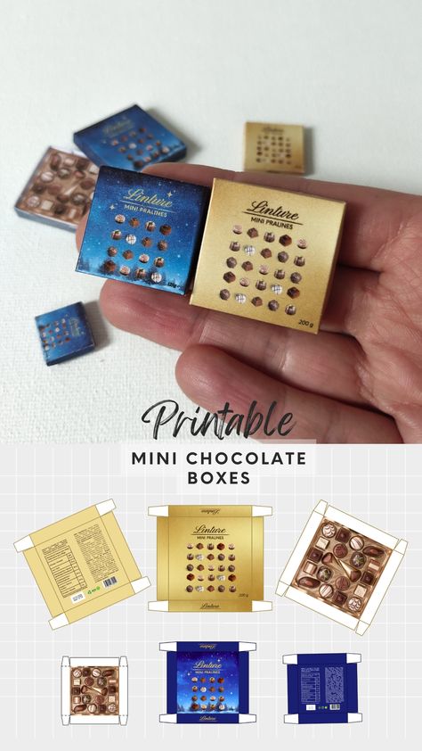 Craft holiday-themed miniature chocolate boxes with this printable PDF template. The files are print-ready for US Letter and A4 paper formats and are available for 1/6 and 1/12 dollhouse scales. Dolls House Free Printables, 1/144 Scale Miniatures Diy, Miniature Bakery Printables, Mini Doll House Diy Free Printables, Papercraft Printable Miniature, Dollhouse Printables 1:12, 1 12 Scale Miniatures Printables Free, Miniature Printables Food, Free Miniature Printables 1:12