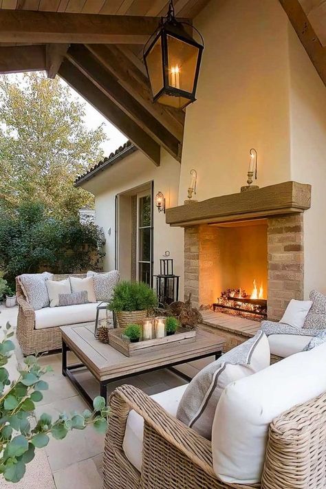 covered_patio_ideas_attached_to_house_with_fireplace (5) Patio Ideas With Fireplace, Pergola With Fireplace, House With Fireplace, Covered Pergola Patio, Covered Patio Ideas, Modern Mediterranean Home, Backyard Covered Patios, Porch Fireplace, Outdoor Fireplace Patio