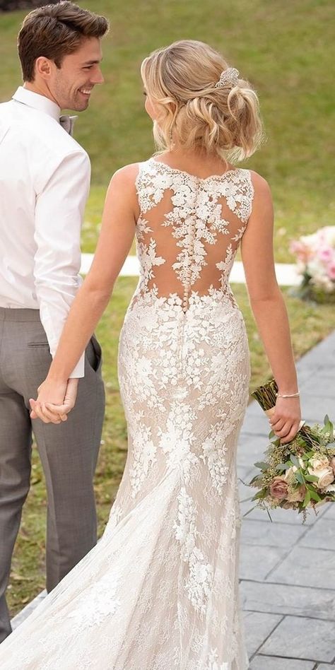 Wedding Dresses Fit And Flare, Wedding Dresses Fit, Lace Back Wedding Dress, Fitted Lace Wedding Dress, Wedding Dress Gallery, Sisters Wedding, Unconventional Wedding Dress, Amazing Wedding Dress, Dress Gallery