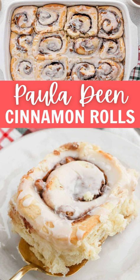 Paula Deen Cinnamon Rolls - christmasonadime.com Paula Deen Cinnamon Roll Recipe, Bridget Williams Cinnamon Rolls, Paula Dean Cinnamon Rolls Homemade, Paula Deen Lighter Recipes, Paula Deans Recipes, Paula Deen Cinnamon Rolls, Sour Cream Cinnamon Rolls, Paula Deen Dessert Recipes, Cinnamon Rolls With Vanilla Pudding