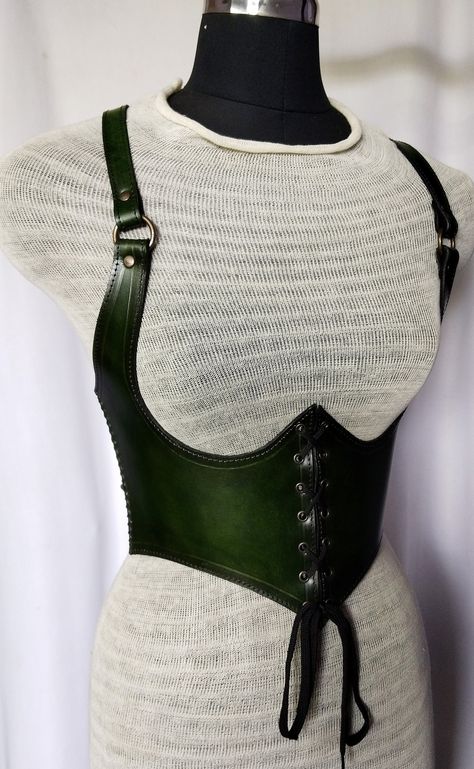 Chainmail Diy, Leather Corset Outfit, Stealth Armor, Under Bust Corset, Corset Sewing Pattern, Hand Sewn Leather, Antique Green, Leather Corset, Leather Harness