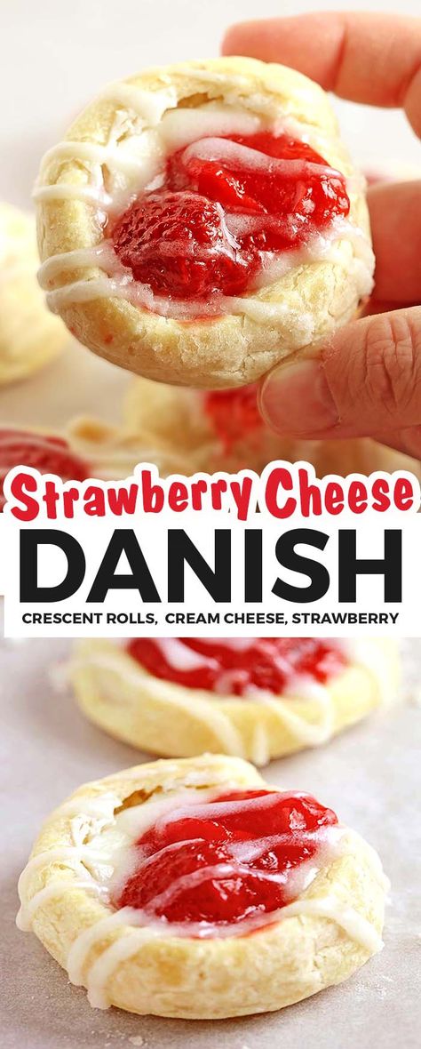 Strawberry Desserts With Cream Cheese Crescent Rolls, Strawberry And Cream Cheese Pastry, Strawberry Cream Cheese Crescent Rolls, Easy Breakfast Recipies, Strawberry Cream Cheese Danish, Crescent Roll Dessert, Cream Cheese Danish Recipe, Pecan Pie Bars Easy, Danish Recipes