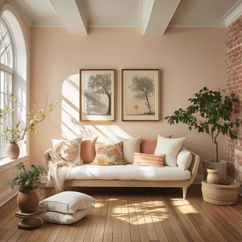 Soft Interior Design Living Room, Peach Paint Colors Living Room, Peach Wall Living Room Ideas, Paint Color With Brick Wall, Terracotta Pink Walls, Light Orange Living Room Walls, Light Peach Living Room, Living Room Peach Walls, Soft Peach Paint Color